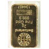 Gold Bullion 2 gram Swiss bar