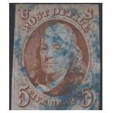 US Stamps #1 Used with blue cancel, 3 margins just
