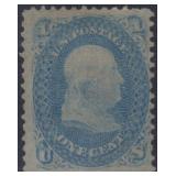 US Stamps #92a Used 1867 F Grill Pale Blue One Cen