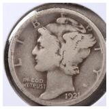 US Coins 1921 Mercury Dime, Semi-Key Date, Lower M