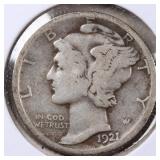 US Coins 1921-D Mercury Dime, Semi-Key Date, Lower
