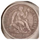 US Silver Coins 1861 Seated Liberty Half Dime Circ