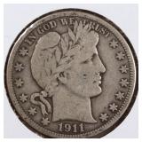 US Silver Coins 1911 Barber Half Dollar Circulated