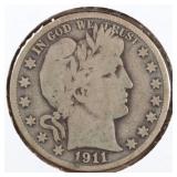 US Silver Coins 1911-S Barber Half Dollar Circulat