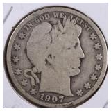 US Silver Coins 1907 Barber Half Dollar Circulated