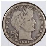 US Silver Coins 1901 Barber Half Dollar Circulated