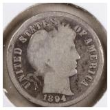 US Silver Coins 1894, 1895-S Barber Dime Circulate