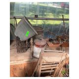 Contents on bench top; croquet set, flower pots, flower baskets, miscellaneous and a bell