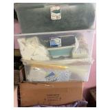 Miscellaneous tubs, evergreen decor and wooden box
