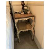 Two nightstands, ornate lamp, alarm clock and stuffed a frog