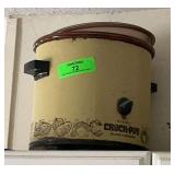 Crockpot, decorations, and wall clock
