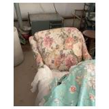 Stuffed chair with ottoman, life jacket, TV tray and stool with misc