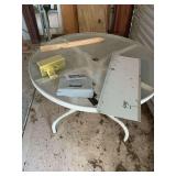 Patio table, ottoman, plywood, garden hoses