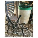 Cast iron bench legs, plastic barrels, assorted wood
