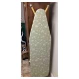 Ironing board, wooden cabinet, basket and contents