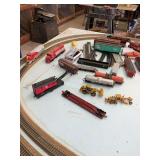 Model train set, table and boxes