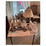 Easter decor, painted lamp, candlesticks, and assorted items