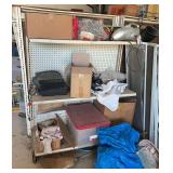 Contents of three shelves, lawn chairs, tubs, and flowers pots