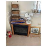Electric heater, fan, butcher paper, pictures and baskets