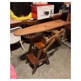 Vintage ironing board stepstool chair with wooden shelves