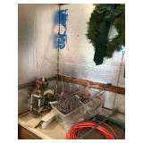 Fishing rods and reels, miscellaneous items, extension cord, and weenie roasting sticks