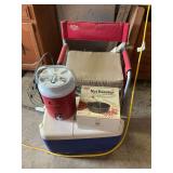 Folding lawn chair with nut roaster and igloo coolers