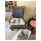Office chair, shop stool, snow shovel, and plastic tub