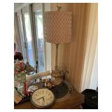 Table top decor, lamp, and broken clock