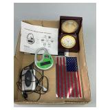 Box Lot: NRA Clock, Solar Mosquito Repeller, Airborne Decal, Listen Up Device