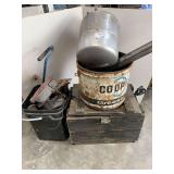 CO-OP Grease Bucket, Eastwood Spotwelder, Toolbox with Contents, Metal Tank, and More