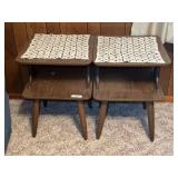 Pair of Brown Wood Side Tables with Crochet Doilies