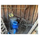Assorted Wire Fencing, Plastic Barrels and Baskets