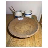 Wooden Bowl with Stoneware Pitcher and Crock