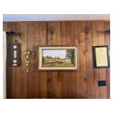 Framed Landscape Painting, Springfield Weather Station, and Decorative Bows