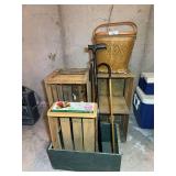 Woven Picnic Basket with Interior Lining, Wood Crates and Walking Canes