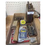 Box Lot of Various Hand Tools Including Hammer, Drill Bits, Saw Blades, and Grease Fittings