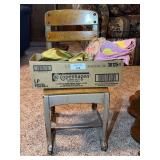 Porcelain Doll with Dress, Quilt, and School Chair