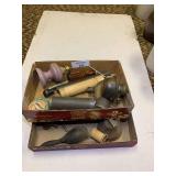 Box Lot of Assorted Collectibles including L.F.R. Milk Co. Milk Caps, Lamp Parts, Bottle