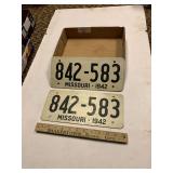1942 Missouri License Plates Pair, Soybean fiberboard, NOT METAL