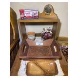 Wooden Trays, Clock, Tin, and Potpourri Jar Grouping