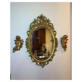 Ornate Gold Color Oval Mirror with Angel Wall Sconces