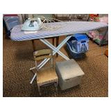 Iron, Ironing Board, School Chair, and Upholstered Storage Box