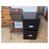 Cosco Step Stool Chair, Green Metal Box, and Black Metal Filing Cabinet