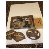 Box Lot Assorted Collectibles Including Knife, Advertising Fan, Political Buttons, and More