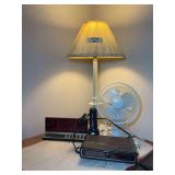 Lamp with Shade, Fans, Flashlight, and Spartus and GE Clocks
