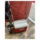 Cooler, rake, wash brush, and folding chair