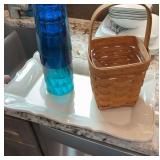 Serving tray, plastic glasses and Longaberger basket