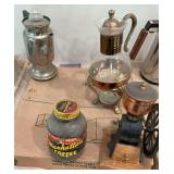 Vintage coffee pots, coffee grinder, & coffee tins