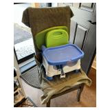 Wooden dining chair and Fisher-Price booster seat