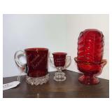 Collection of Three Red Glass Items Including Omaha Exposition Souvenir Mug